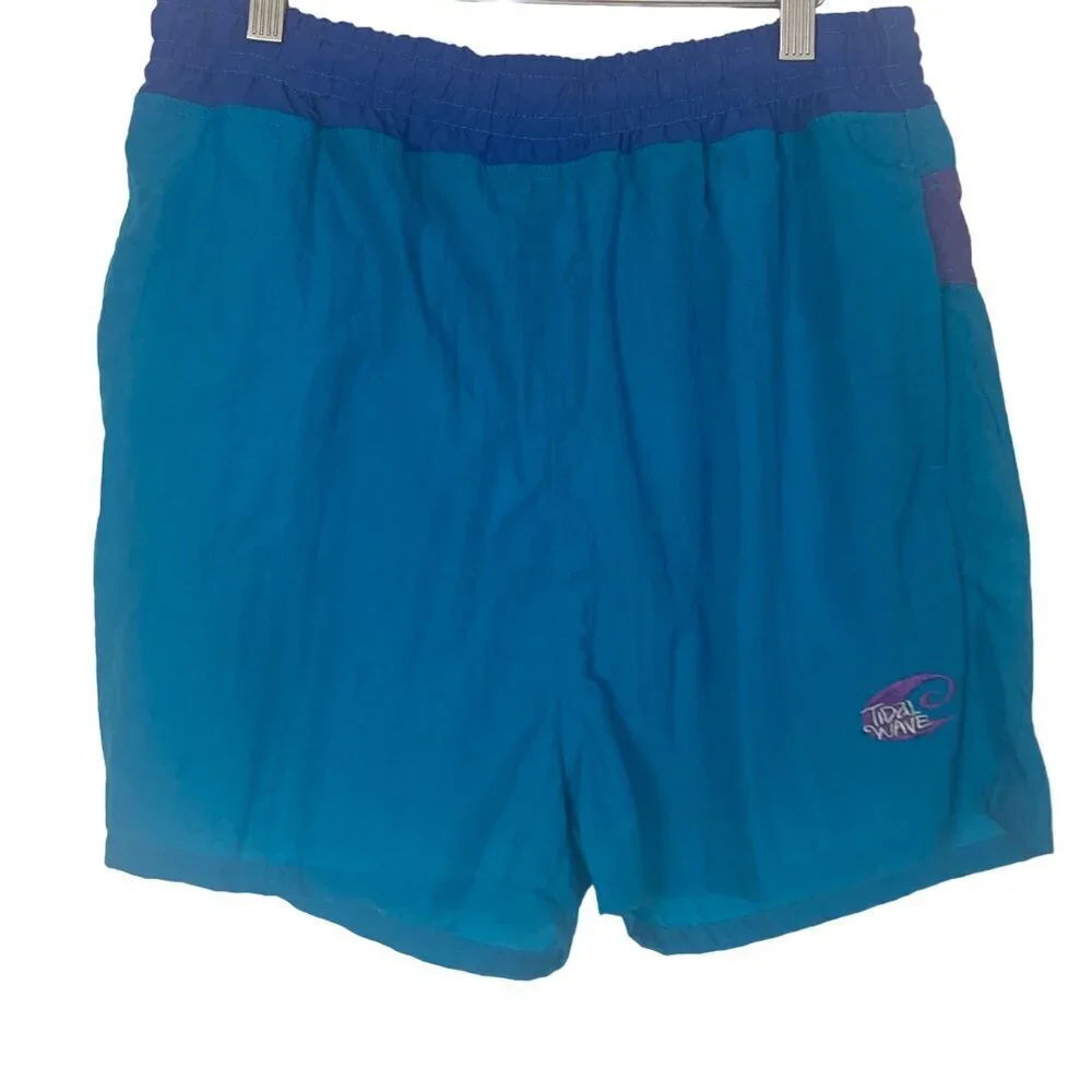 Vintage Tidal Wave Baggy Swim Trunks Mens Medium Blue Purple Mesh Liner Shorts